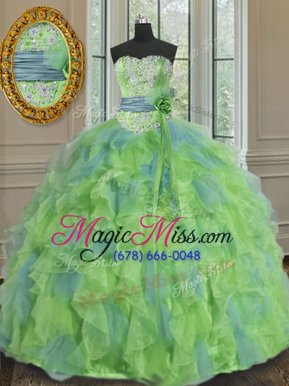 Best Selling Multi-color Mermaid Sweetheart Sleeveless Organza Floor Length Lace Up Beading and Appliques and Ruffles and Sashes|ribbons and Hand Made Flower Vestidos de Quinceanera