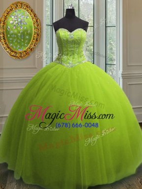 Yellow Green Tulle Lace Up Sweetheart Sleeveless Floor Length Quinceanera Dress Beading and Sequins