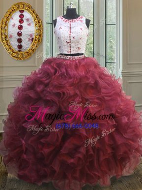 Most Popular Scoop Red Ball Gowns Appliques and Ruffles Ball Gown Prom Dress Clasp Handle Organza Sleeveless Floor Length