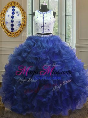 Sumptuous Scoop Clasp Handle Floor Length Royal Blue Quince Ball Gowns Organza Sleeveless Appliques and Ruffles