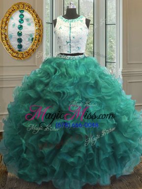 Chic Scoop Turquoise Organza Clasp Handle Quinceanera Gown Sleeveless Floor Length Appliques and Ruffles