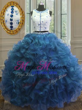 Discount Blue Ball Gowns Organza Scoop Sleeveless Beading and Lace and Ruffles Floor Length Clasp Handle 15 Quinceanera Dress