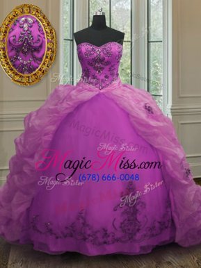 Fabulous Fuchsia Sweet 16 Dress Military Ball and Sweet 16 and Quinceanera and For with Beading and Appliques and Pick Ups Sweetheart Sleeveless Court Train Lace Up