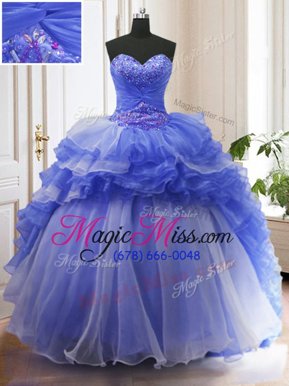 Hot Selling Ruffled Sweetheart Sleeveless Court Train Lace Up Quinceanera Dresses Blue Organza