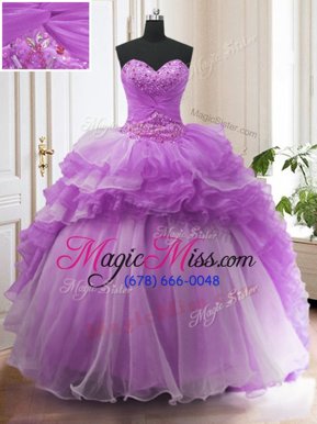 High Quality Purple Organza Lace Up 15 Quinceanera Dress Sleeveless Sweep Train Beading and Ruffled Layers