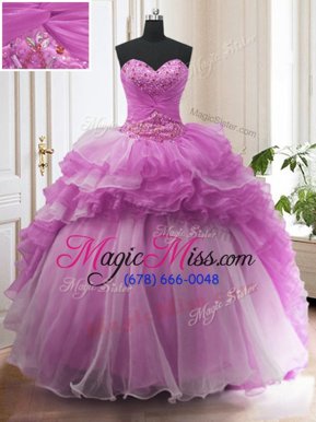 Custom Design Lilac Sweetheart Lace Up Beading and Ruffled Layers Vestidos de Quinceanera Sweep Train Sleeveless