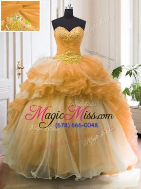 Sexy With Train Orange Ball Gown Prom Dress Organza Sweep Train Sleeveless Beading and Ruffled Layers