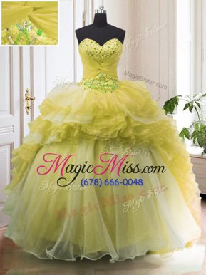 Custom Designed Light Yellow Ball Gowns Beading and Ruffled Layers Sweet 16 Quinceanera Dress Lace Up Organza Sleeveless With Train