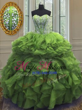 Green Sweetheart Lace Up Beading and Ruffles Quinceanera Gown Sleeveless