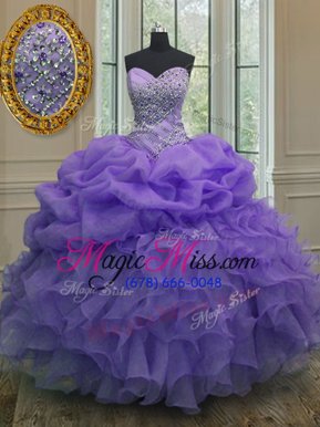 Fabulous Sleeveless Organza Floor Length Lace Up Quinceanera Gowns in Lavender for with Beading and Ruffles and Pick Ups