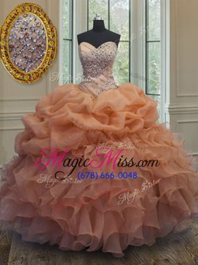 Custom Design Floor Length Lace Up Quince Ball Gowns Orange and In for Military Ball and Sweet 16 and Quinceanera with Beading and Ruffles and Pick Ups