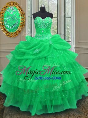 High Quality Green Organza Lace Up Halter Top Sleeveless Floor Length Quinceanera Dress Beading and Ruffled Layers and Pick Ups