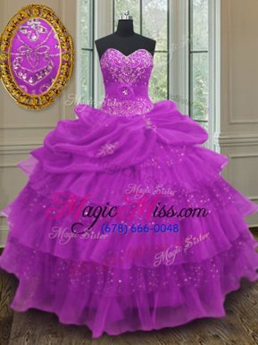 Adorable Halter Top Sleeveless Floor Length Beading and Ruffled Layers and Pick Ups Lace Up Vestidos de Quinceanera with Purple