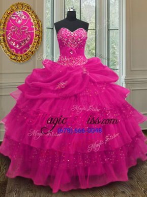 Charming Sequins Pick Ups Ruffled Floor Length Ball Gowns Sleeveless Fuchsia Sweet 16 Quinceanera Dress Lace Up