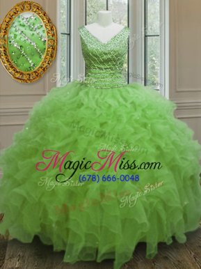 Fancy Organza V-neck Sleeveless Zipper Beading and Ruffles Ball Gown Prom Dress in Yellow Green