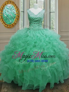 Fitting Apple Green Ball Gowns V-neck Sleeveless Organza Floor Length Zipper Beading and Ruffles Ball Gown Prom Dress