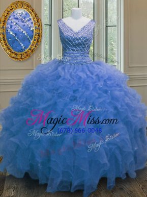 Simple Blue Sleeveless Organza Zipper Quince Ball Gowns for Military Ball and Sweet 16 and Quinceanera