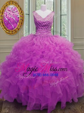 Best Sleeveless Organza Floor Length Zipper Quinceanera Dresses in Fuchsia for with Beading and Ruffles