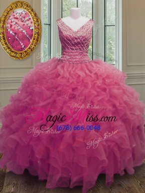 Sumptuous Hot Pink Ball Gowns Beading and Ruffles Ball Gown Prom Dress Zipper Organza Sleeveless Floor Length