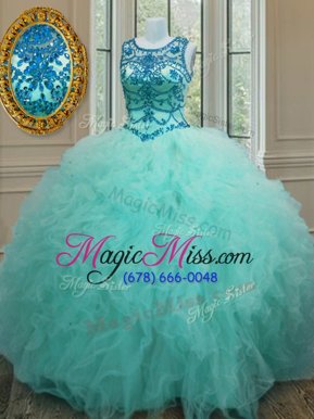 Discount Scoop Turquoise Sleeveless Beading and Ruffles Floor Length Quince Ball Gowns