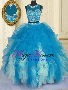 Scoop Blue And White Sleeveless Tulle Zipper Quinceanera Gown for Military Ball and Sweet 16 and Quinceanera
