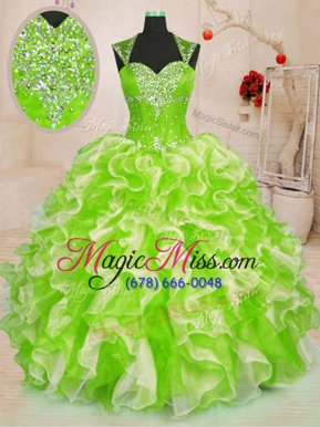 Flirting Yellow Green Ball Gowns Sweetheart Sleeveless Organza Floor Length Lace Up Beading and Ruffles 15 Quinceanera Dress