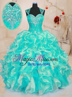 Designer Turquoise Sleeveless Organza Lace Up Quinceanera Dress for Military Ball and Sweet 16 and Quinceanera
