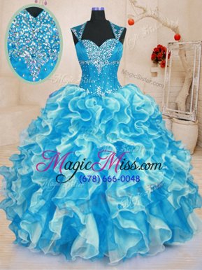 Fitting Floor Length Lace Up Quinceanera Gowns Aqua Blue and In for Military Ball and Sweet 16 and Quinceanera with Beading and Ruffles