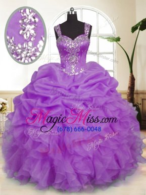 Hot Selling Straps Sleeveless Quince Ball Gowns Floor Length Beading and Ruffles and Pick Ups Lavender Organza