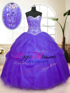 Graceful Purple Tulle Lace Up Quinceanera Dresses Sleeveless Floor Length Sequins and Pick Ups