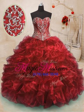 Luxurious Sweep Train Ball Gowns Ball Gown Prom Dress Wine Red Sweetheart Organza Sleeveless With Train Lace Up