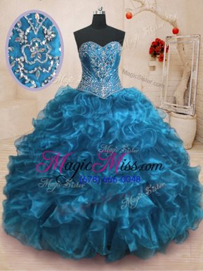 Discount Blue Organza Lace Up Sweet 16 Quinceanera Dress Sleeveless With Train Sweep Train Beading and Ruffles