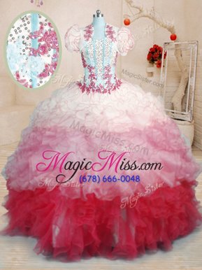 Attractive Organza Sweetheart Sleeveless Brush Train Lace Up Beading and Appliques and Ruffles Sweet 16 Dress in Multi-color