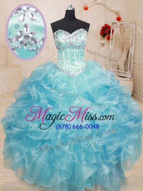 Classical Floor Length Lace Up Sweet 16 Quinceanera Dress Aqua Blue and In for Military Ball and Sweet 16 and Quinceanera with Beading and Ruffles