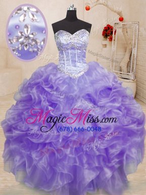 Stunning Lavender Ball Gowns Beading and Ruffles Sweet 16 Dress Lace Up Organza Sleeveless Floor Length