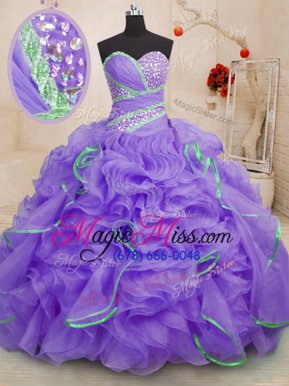 Extravagant Sweetheart Sleeveless Quinceanera Gown With Brush Train Beading and Ruffles Lavender Organza