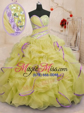 High Class With Train Yellow Green Quince Ball Gowns Sweetheart Sleeveless Brush Train Lace Up