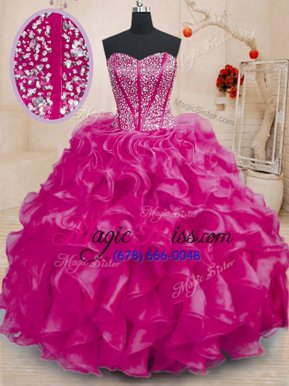 Stylish Fuchsia Sleeveless Floor Length Beading and Ruffles Lace Up 15th Birthday Dress