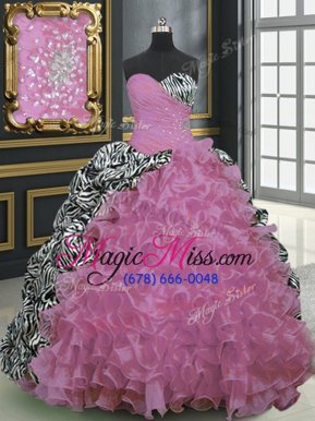 Exquisite Multi-color Lace Up Sweetheart Beading and Ruffles and Pattern Quinceanera Dress Organza and Printed Sleeveless Brush Train