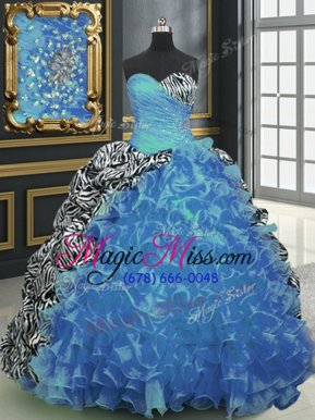 Unique Sweetheart Sleeveless Organza and Printed Quinceanera Gown Beading and Ruffles and Pattern Brush Train Lace Up