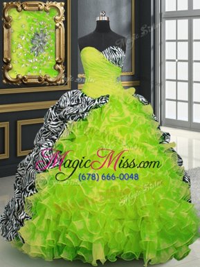 Cute Printed Multi-color Sweetheart Neckline Beading and Ruffles and Pattern Quince Ball Gowns Sleeveless Lace Up