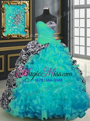 On Sale Brush Train Ball Gowns 15 Quinceanera Dress Multi-color Sweetheart Organza and Printed Sleeveless With Train Lace Up