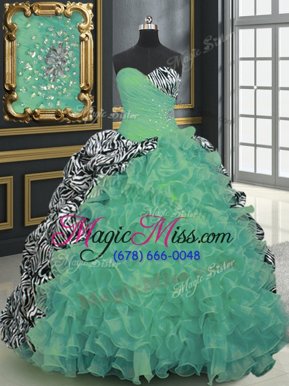 Low Price Organza and Printed Sleeveless With Train Quinceanera Dresses Brush Train and Beading and Ruffles and Pattern