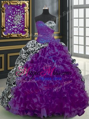 Fitting Printed Multi-color Lace Up Quince Ball Gowns Beading and Ruffles and Pattern Sleeveless With Brush Train