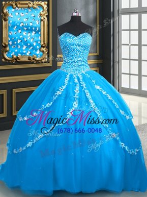 Delicate With Train Aqua Blue Sweet 16 Dress Sweetheart Sleeveless Brush Train Lace Up