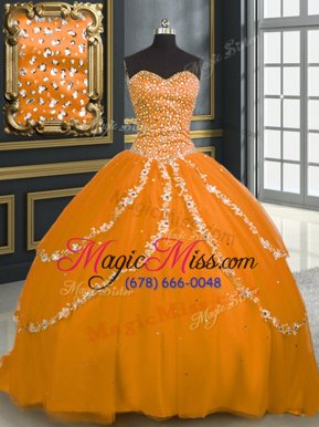 Beautiful Sleeveless Brush Train Beading and Appliques Lace Up Quince Ball Gowns