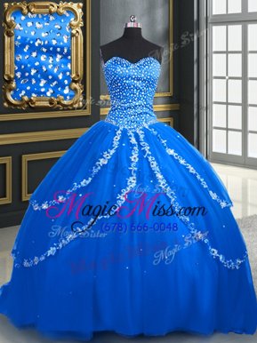 Unique Brush Train Ball Gowns Ball Gown Prom Dress Blue Sweetheart Tulle Sleeveless With Train Lace Up