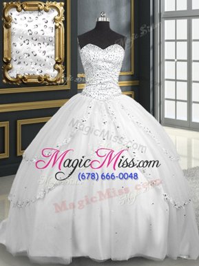 Fantastic Beading and Appliques 15th Birthday Dress White Lace Up Sleeveless With Brush Train