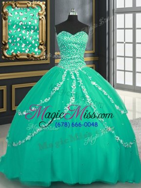 Turquoise Ball Gowns Tulle Sweetheart Sleeveless Beading and Appliques With Train Lace Up Quinceanera Gown Brush Train