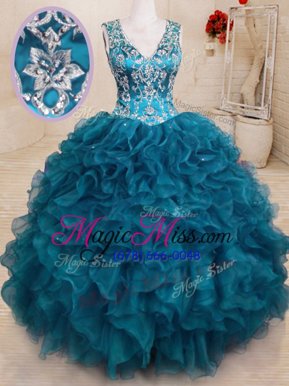 Colorful Teal Ball Gowns V-neck Sleeveless Organza Floor Length Backless Beading and Embroidery and Ruffles Quinceanera Dresses